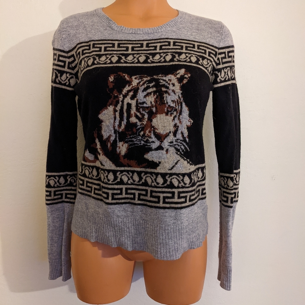 Rachel Roy angora blend tiger sweater grey black neutral S